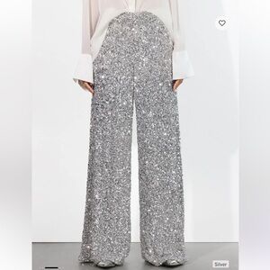 Alice + Olivia Mame Sequin Silver Wide-Leg Trousers